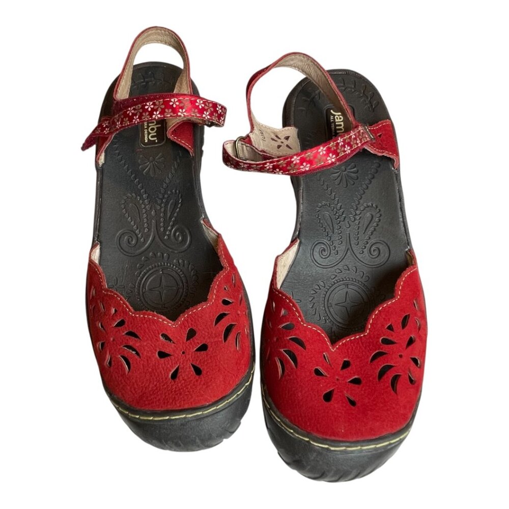 Jambu red closed toe sandal with flower cut-outs and flowered velcro straps 10